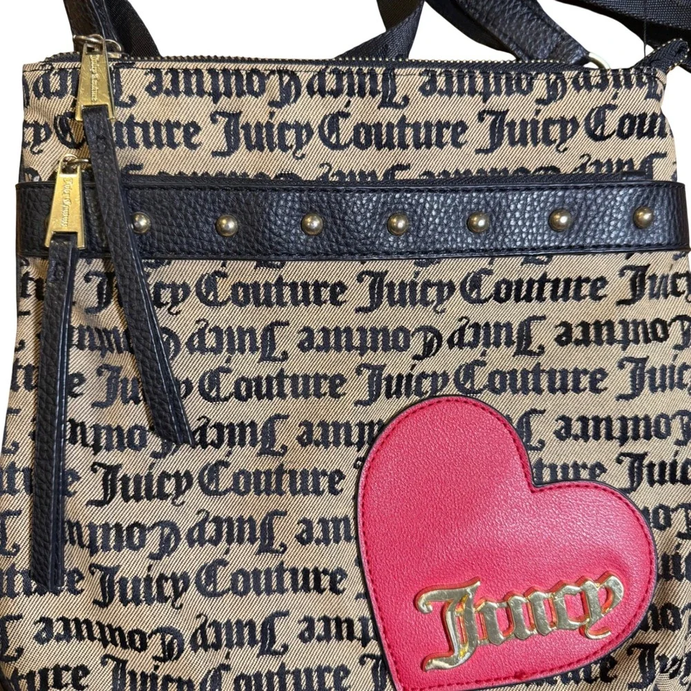 Juicy Couture Crossbody Bag Tan Black Logo Monogram Red Heart Studded y2k